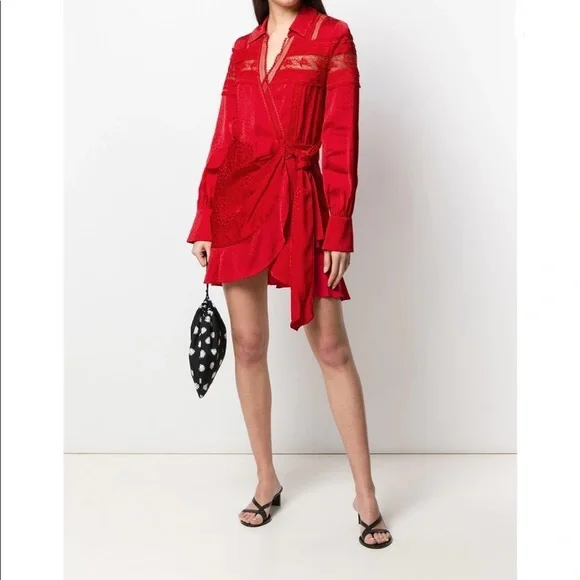 SELF-PORTRAIT Trimmed Wrap Red Dress - Picture 1 of 16